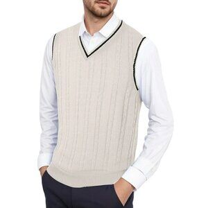 NWT Haggar Golf Mens Cream & Black Sleeveless Cable Knit Vest MSRP $99
